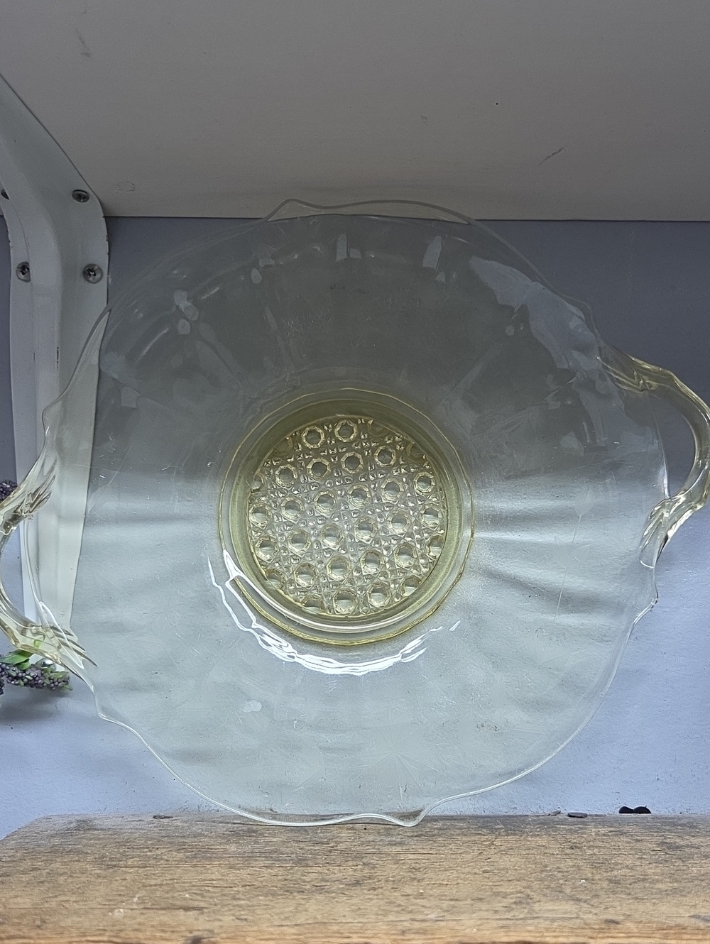 Vintage Lancaster Glass Yellow Depression Glass Handled Dish